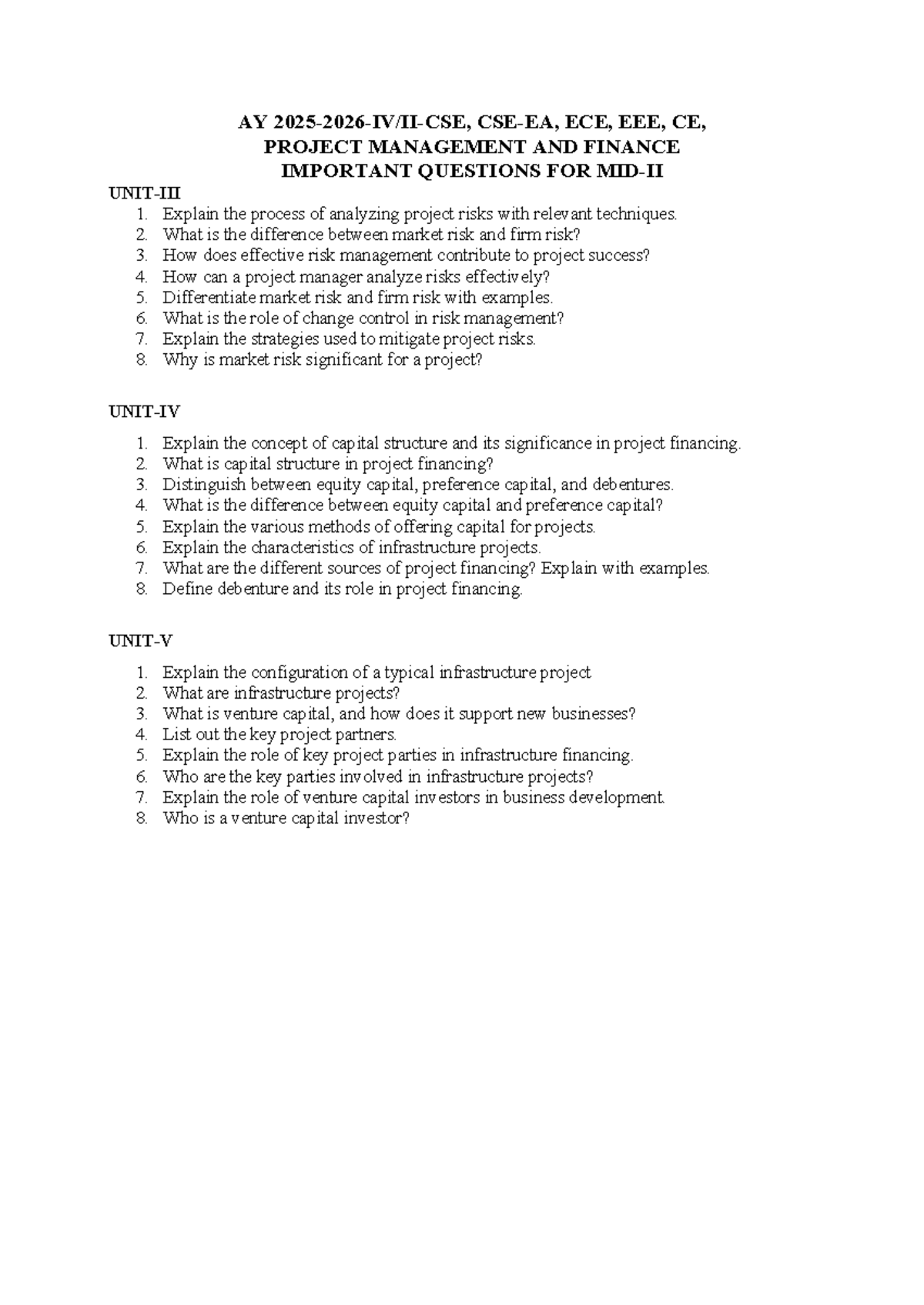 PMF ECE CE Project Management & Finance Important Questions - Studocu