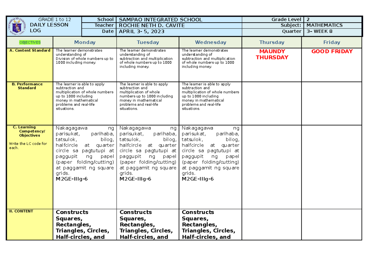 WEEK 8 MATH 2 - Daily Lesson Log and Review Notes - Studocu