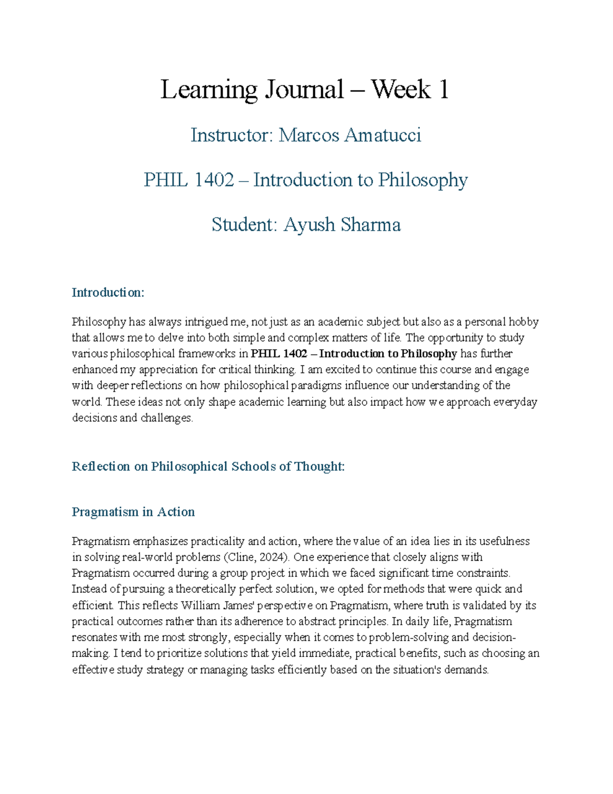 Learning Journal Philosophy - Learning Journal – Week 1 Instructor ...