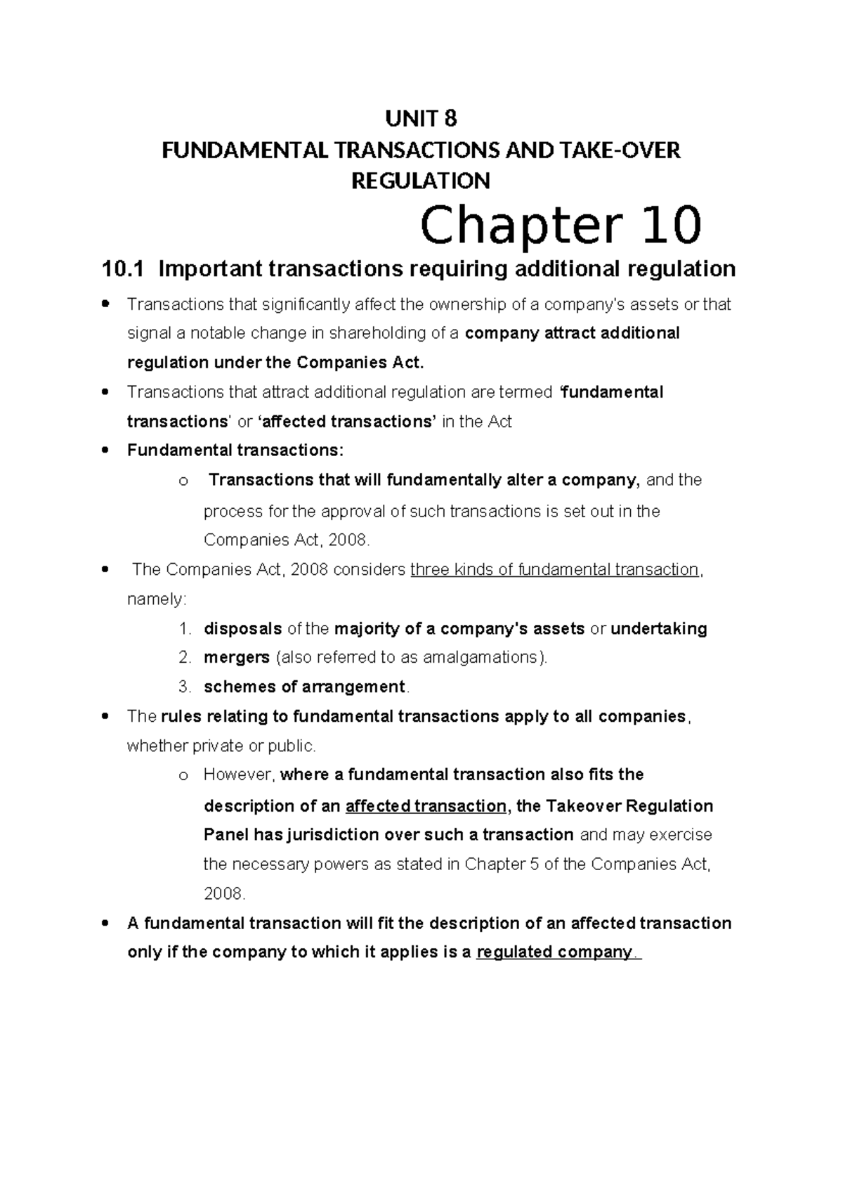Unit 10 BEL - Fundamental Transactions and Regulation Overview - Studocu