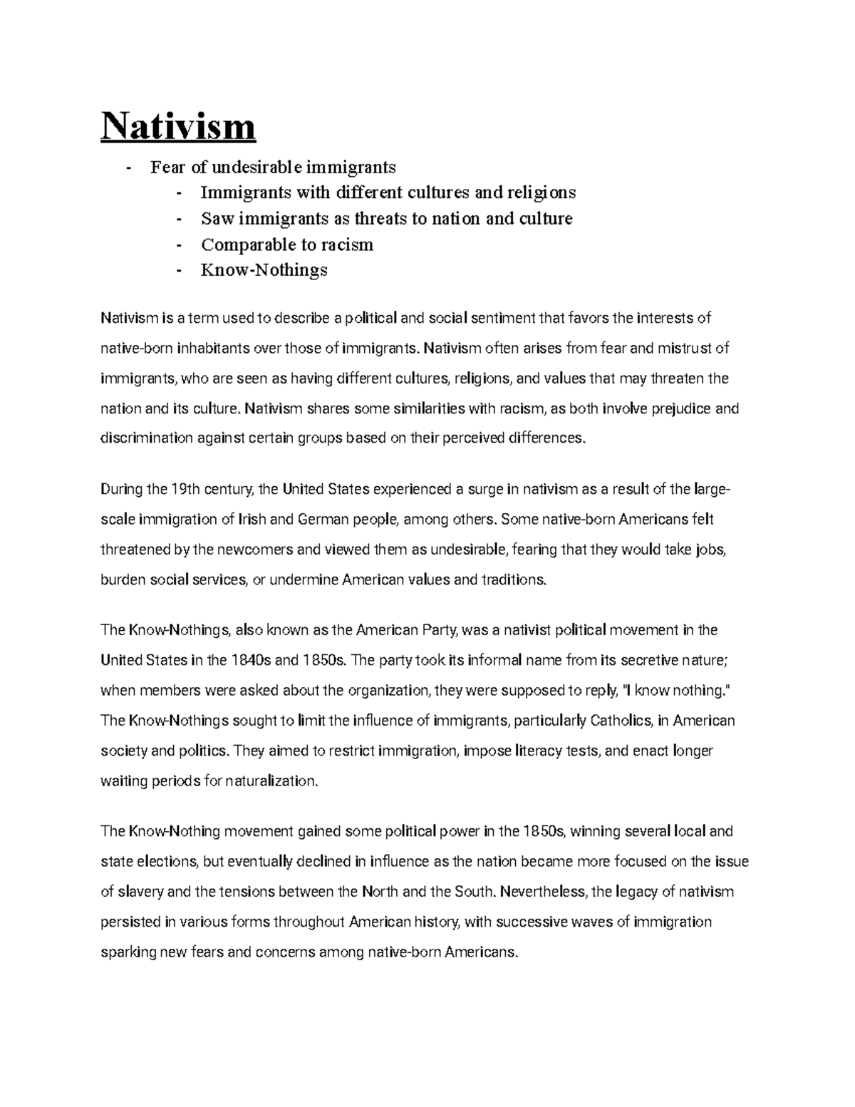 Nativism Lecture Notes: Historical Context and Contemporary ...