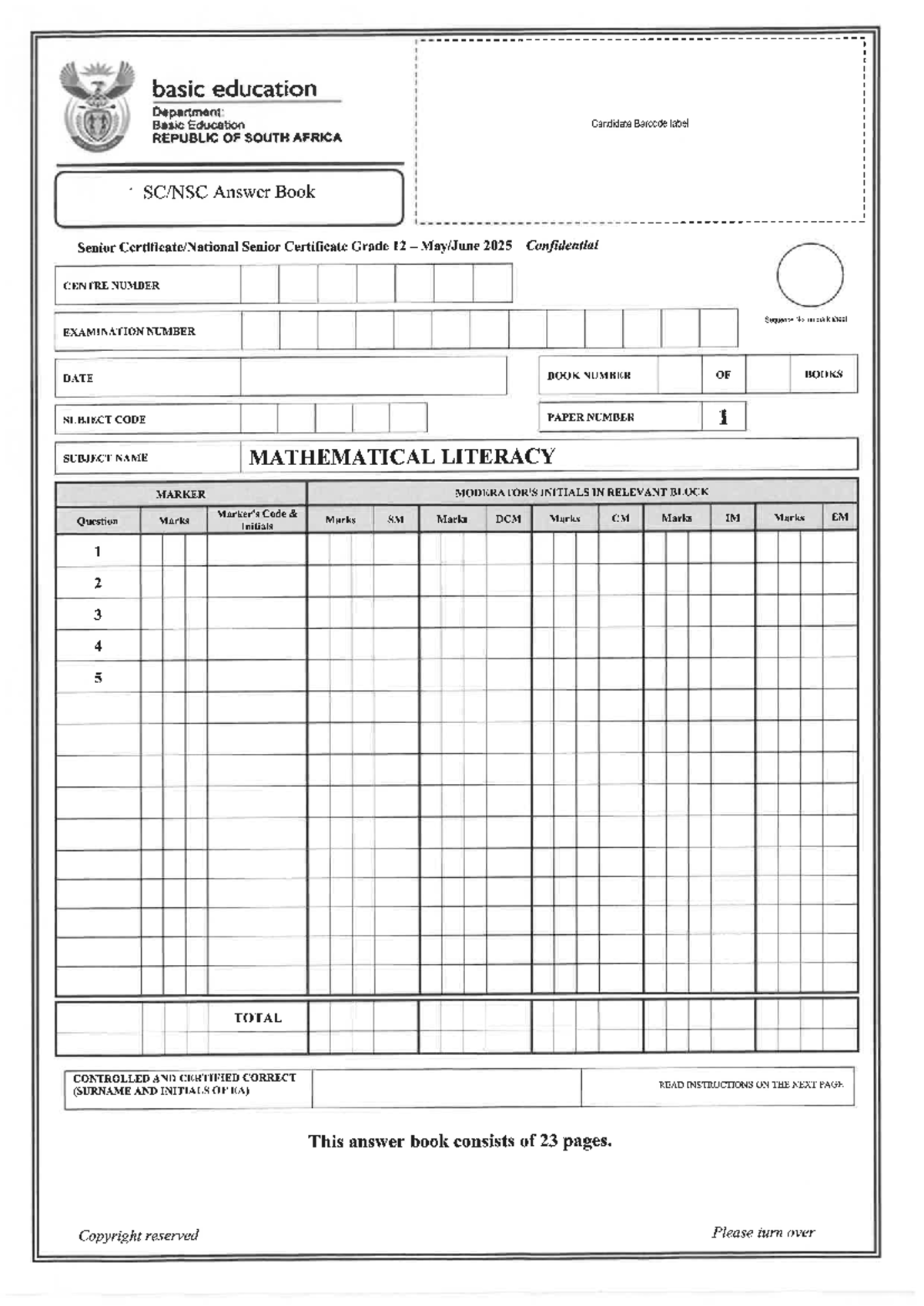 Mathematical Literacy P1 May-June 2025 Answer Book - Studocu