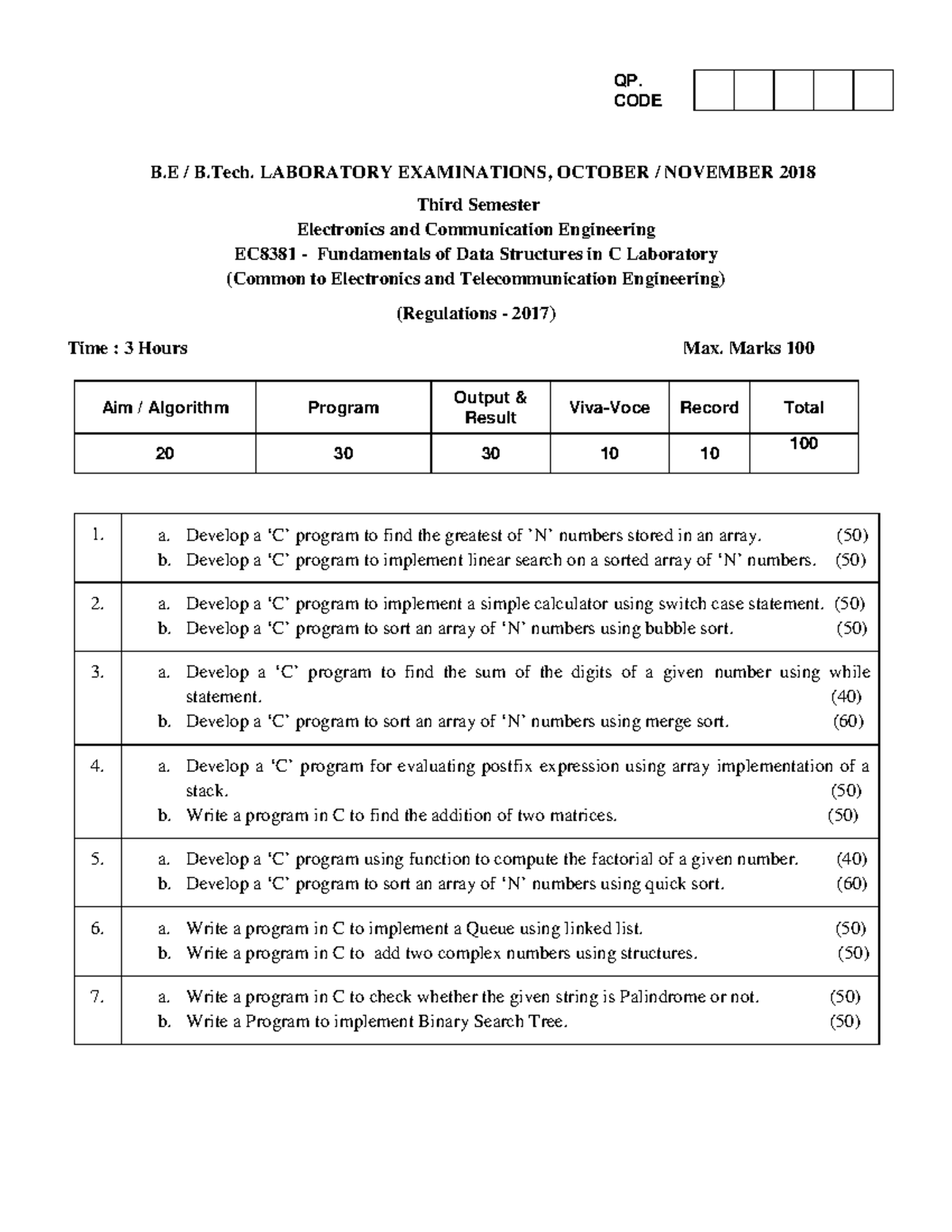 EC8381 Final Exam Lab Questions for Data Structures in C - Studocu