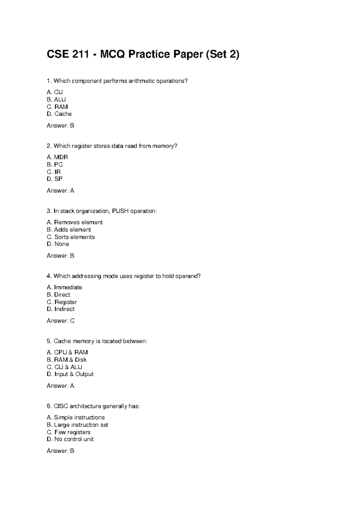CSE 211 MCQ Practice Paper Set 2 - LPU - Studocu
