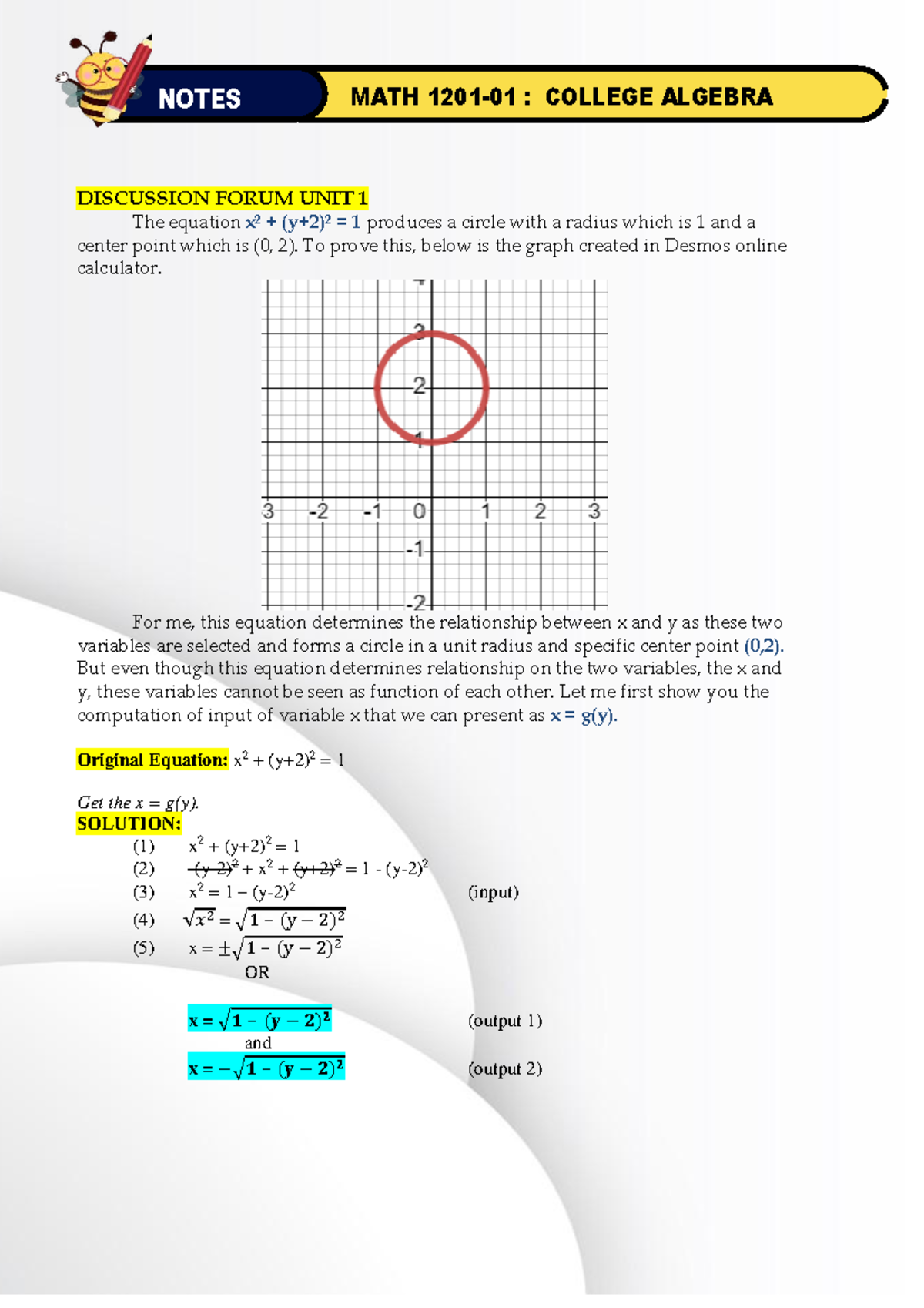 MATH 1201-01-Discussion Assignment Unit 1 - NOTES MATH 1201- 01 ...