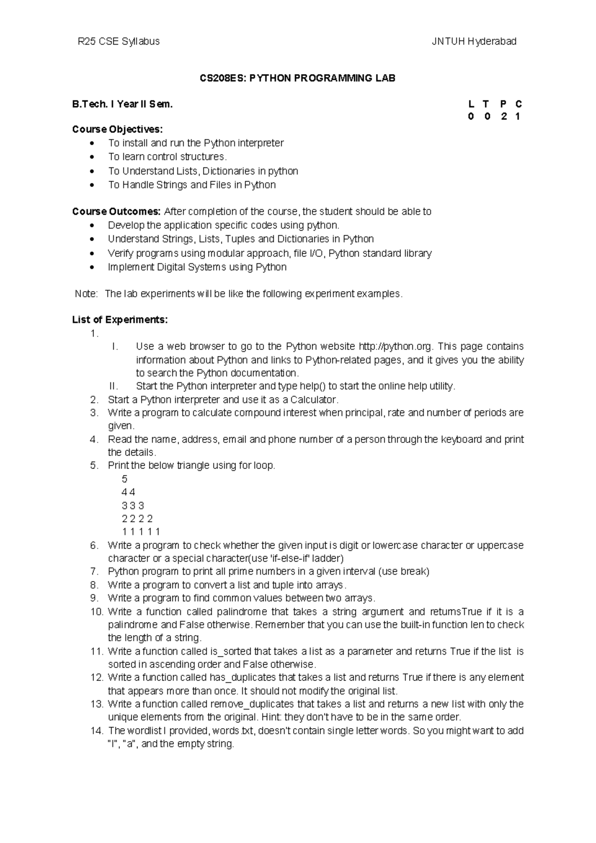 R25 CSE Syllabus JNTUH CS208ES: Python Programming Lab Guide - Studocu