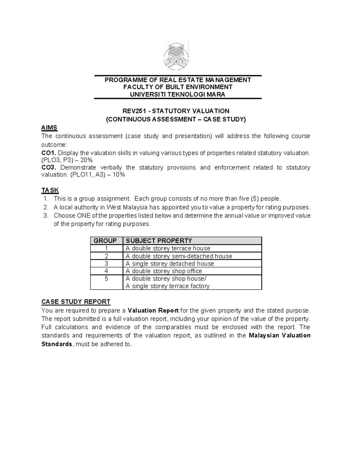 REV251 Statutory Valuation Case Study Assignment 2026 - Studocu
