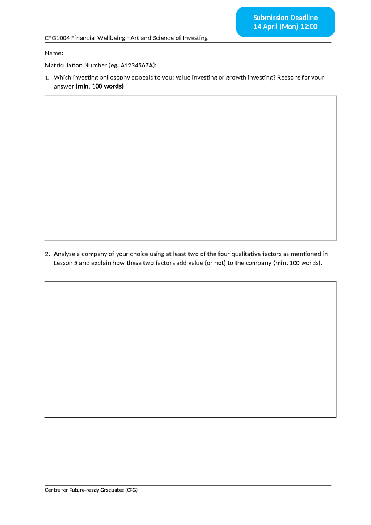 Short Essay Questions Submission Template - CFG1004 Financial Wellbeing ...