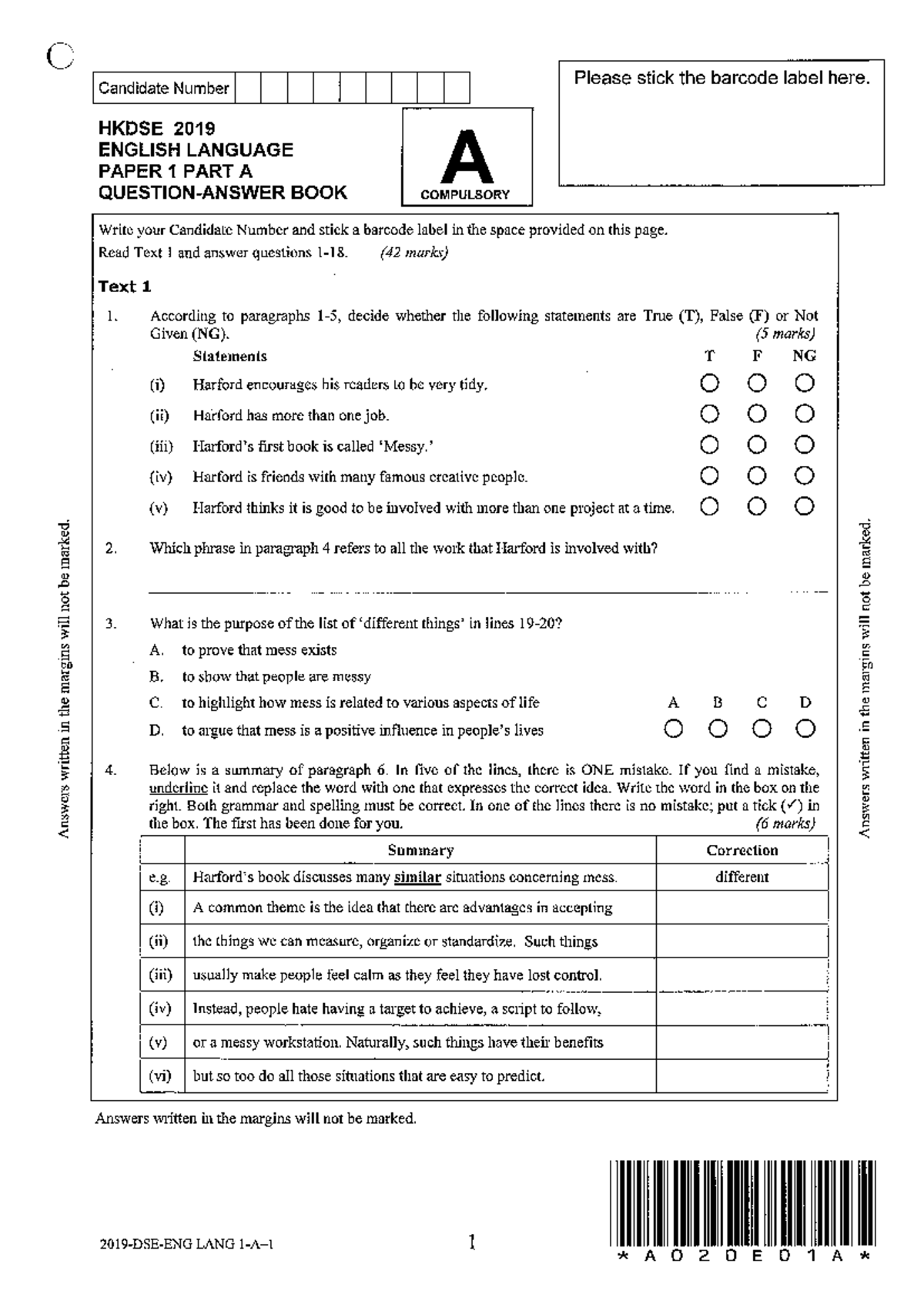 2019 HKDSE English Language Paper 1 Part A (QAB) Exam Guide - Studocu