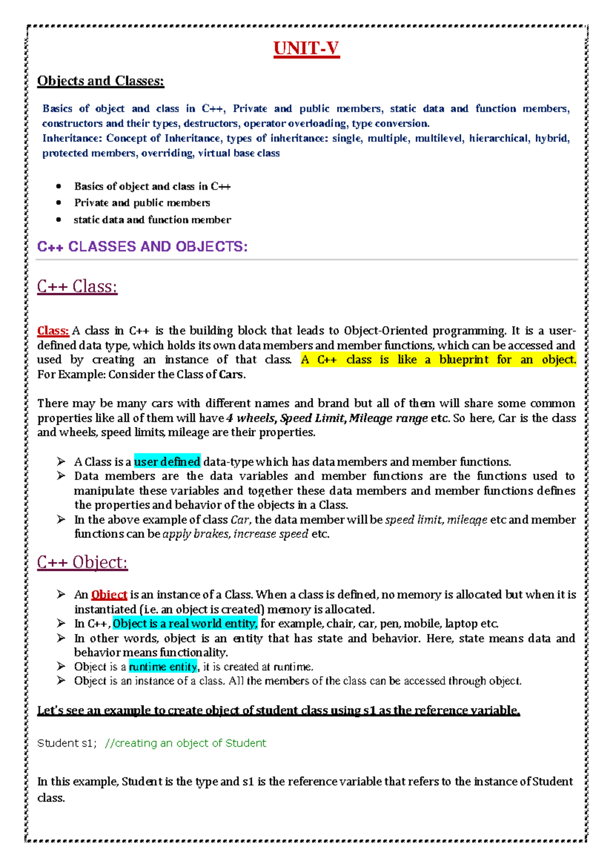 Unit - 4 complete - Notes of unit 4 OOPS - UNIT-V Objects and Classes ...
