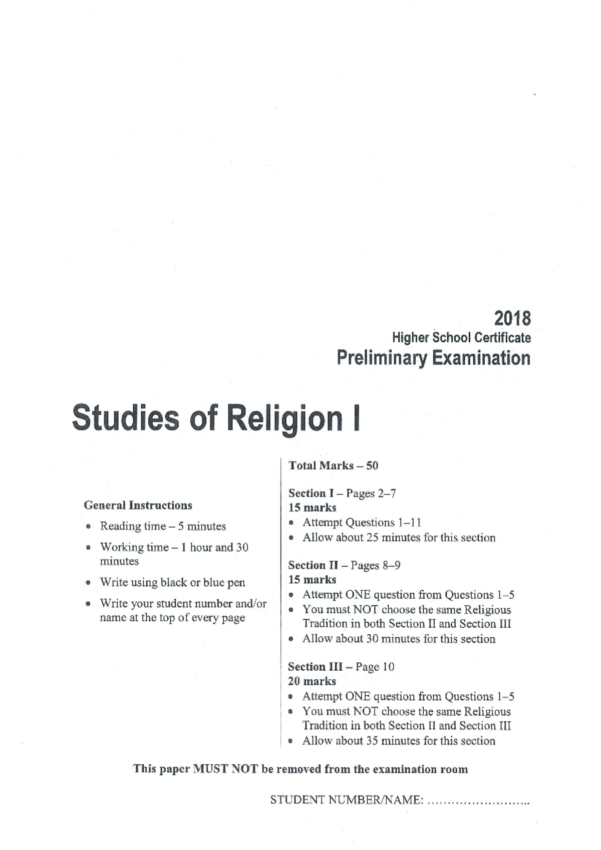 2018 HSC Preliminary Exam Paper: Studies of Religion I (Total Marks 50 ...