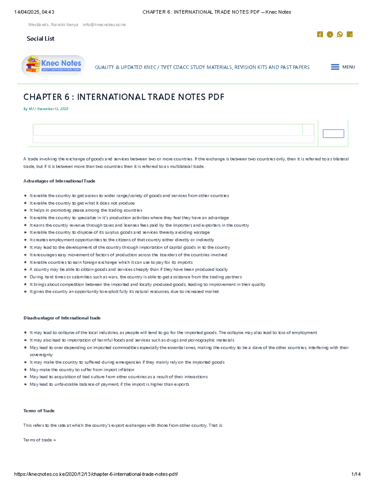 Chapter 6 International Trade Notes PDF – Knec Notes - CHAPTER 6 ...