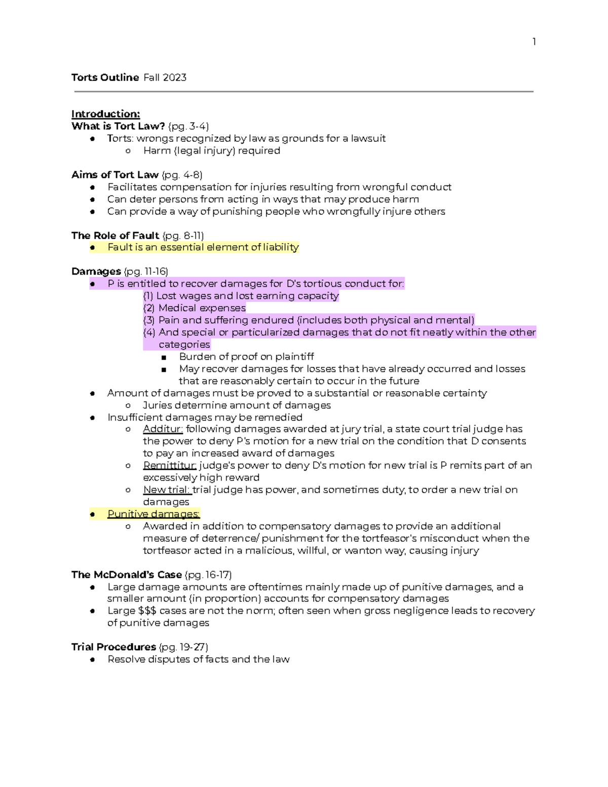 Torts Outline 1L - Fall 2023 Study Notes: Key Concepts and Cases - Studocu