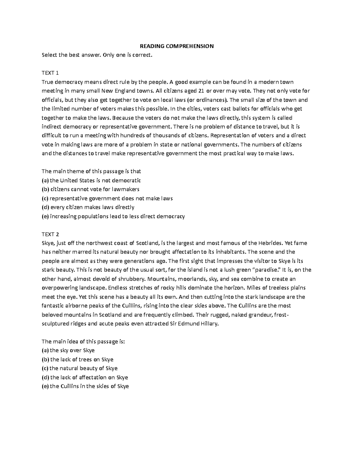 Reading Comprehension - READING COMPREHENSION Select the best answer ...