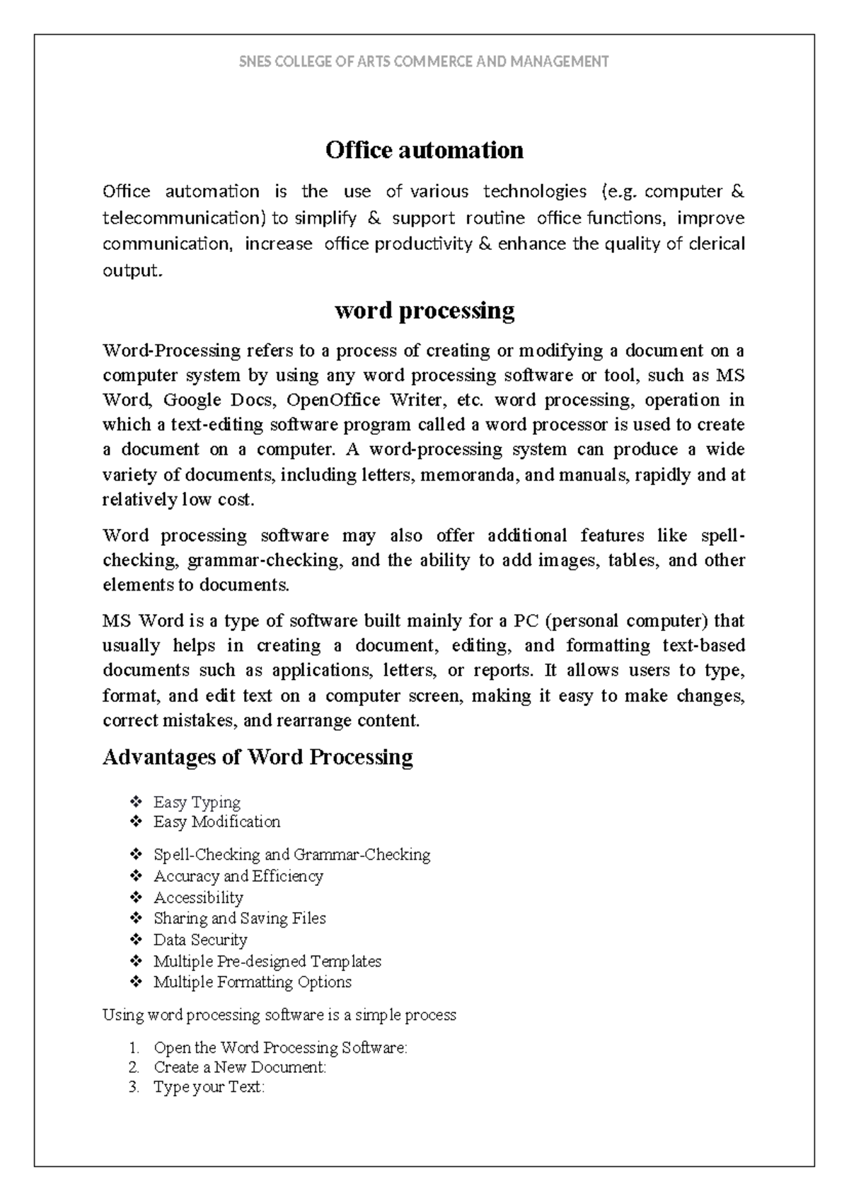 Office Automation: Word Processing Essentials and Features - Studocu