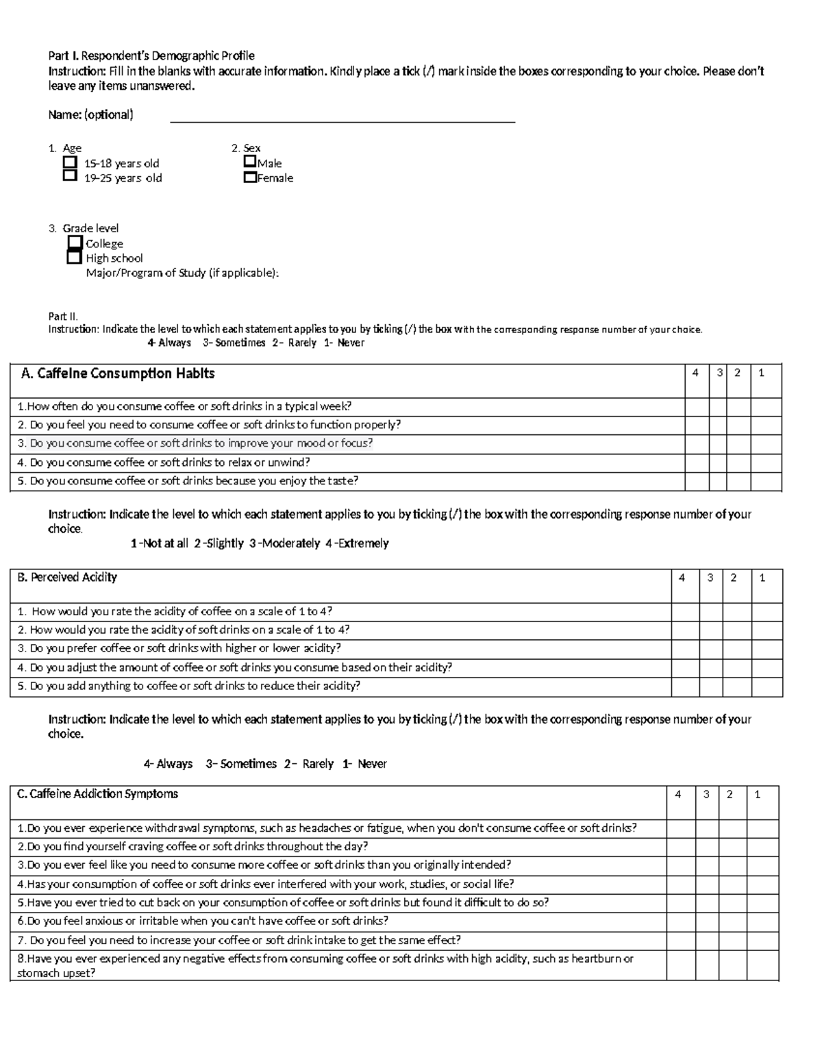 Demographic Profile & Caffeine Consumption Questionnaire (Research ...