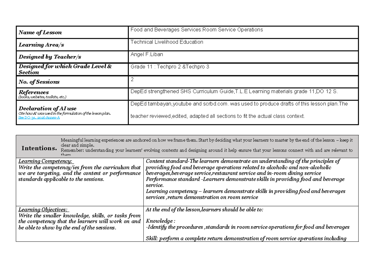 Deped-Ilaw-TLE Lesson Plan: Room Service Operations for Grade 11 - Studocu