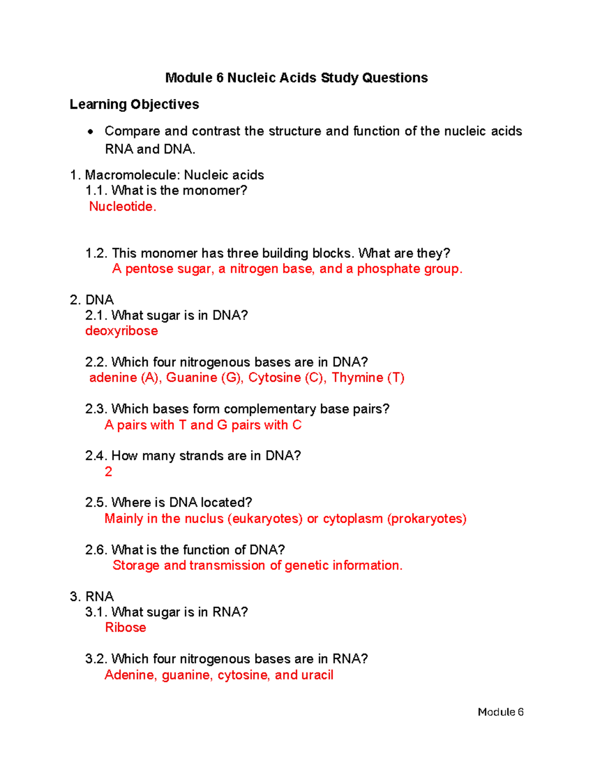 Module 6: Nucleic Acids Study Questions and Learning Objectives - Studocu