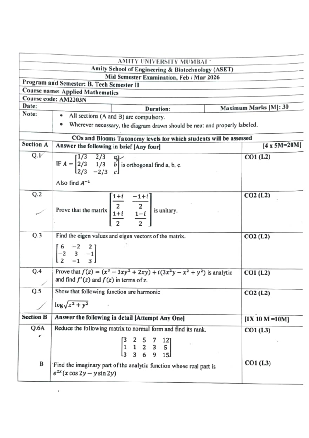 AM2203N Applied Mathematics Mid Semester Exam Questions on Matrices ...