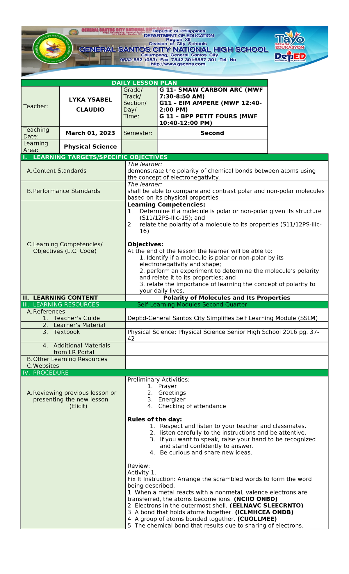 Physci G11 - Lesson Plan on Molecular Polarity and Properties - Studocu