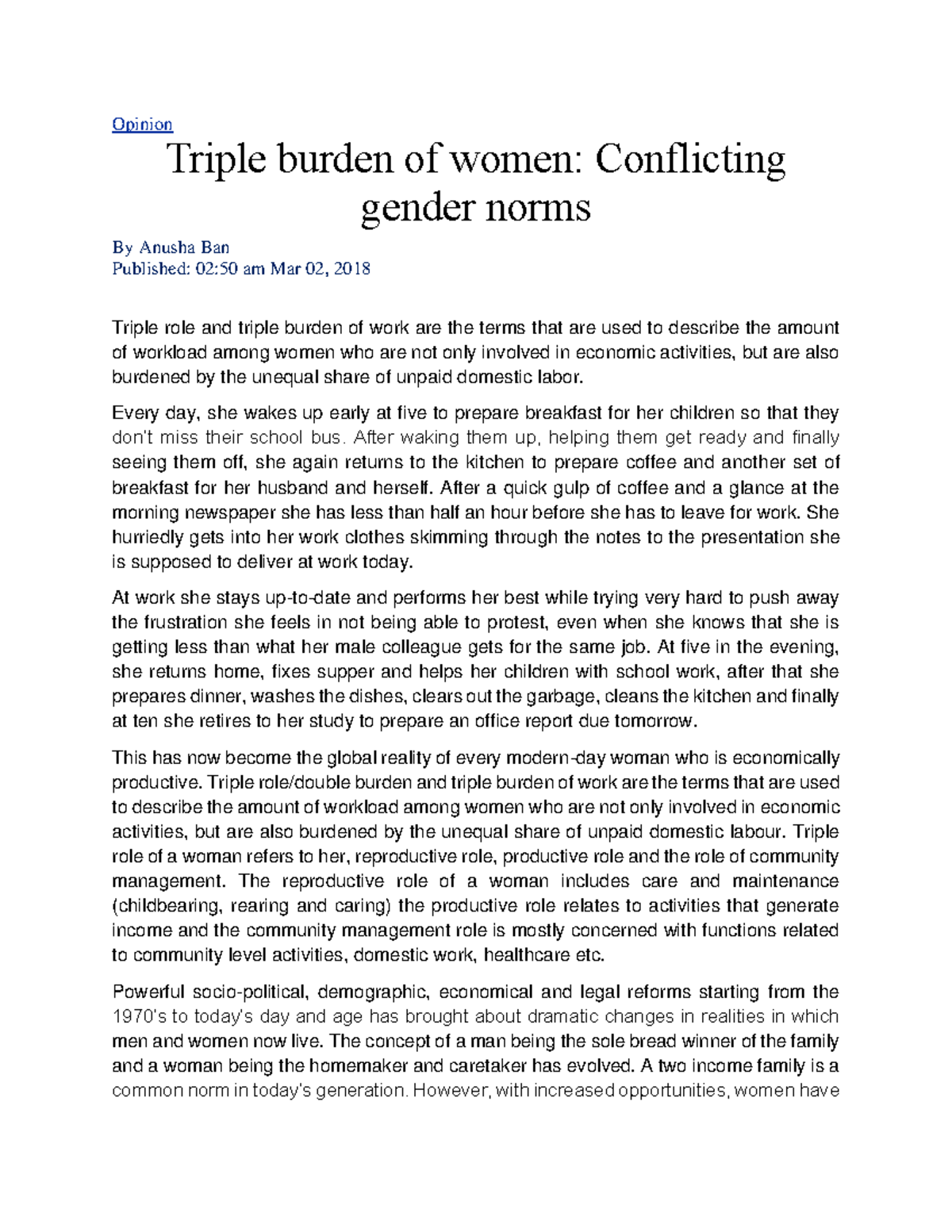 Triple Burden of Women: Understanding Gender Equality Issues - Studocu