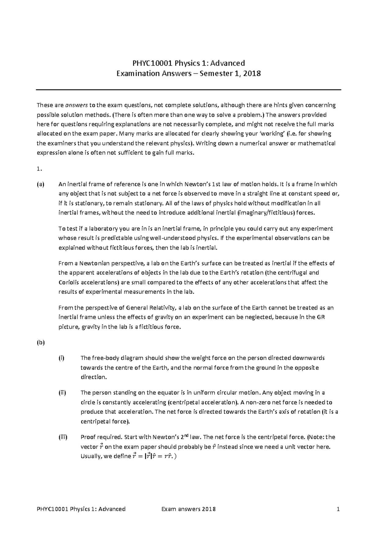 Exam 2018, answers - PHYC10001 Physics 1: Advanced Examination Answers ...