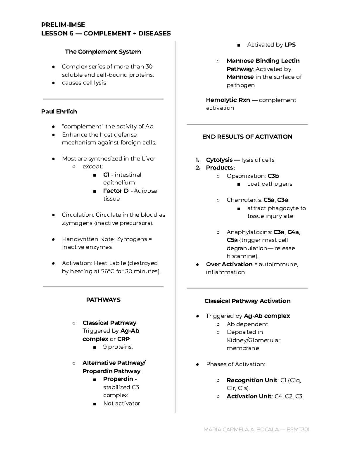 L6 - Complement System, Deficiencies, and Diseases Overview - Studocu