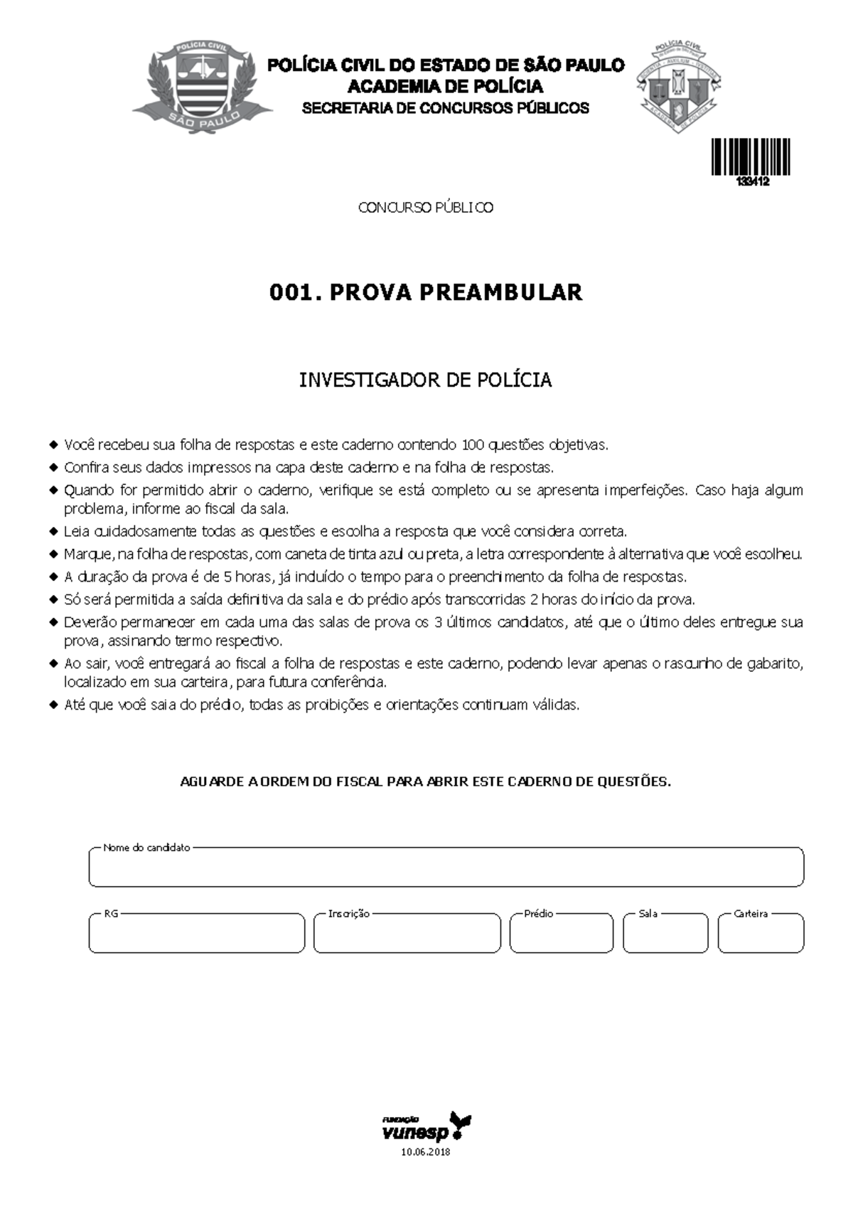 Prova Preambular - Concurso Público 001: Investigador de Polícia - Studocu