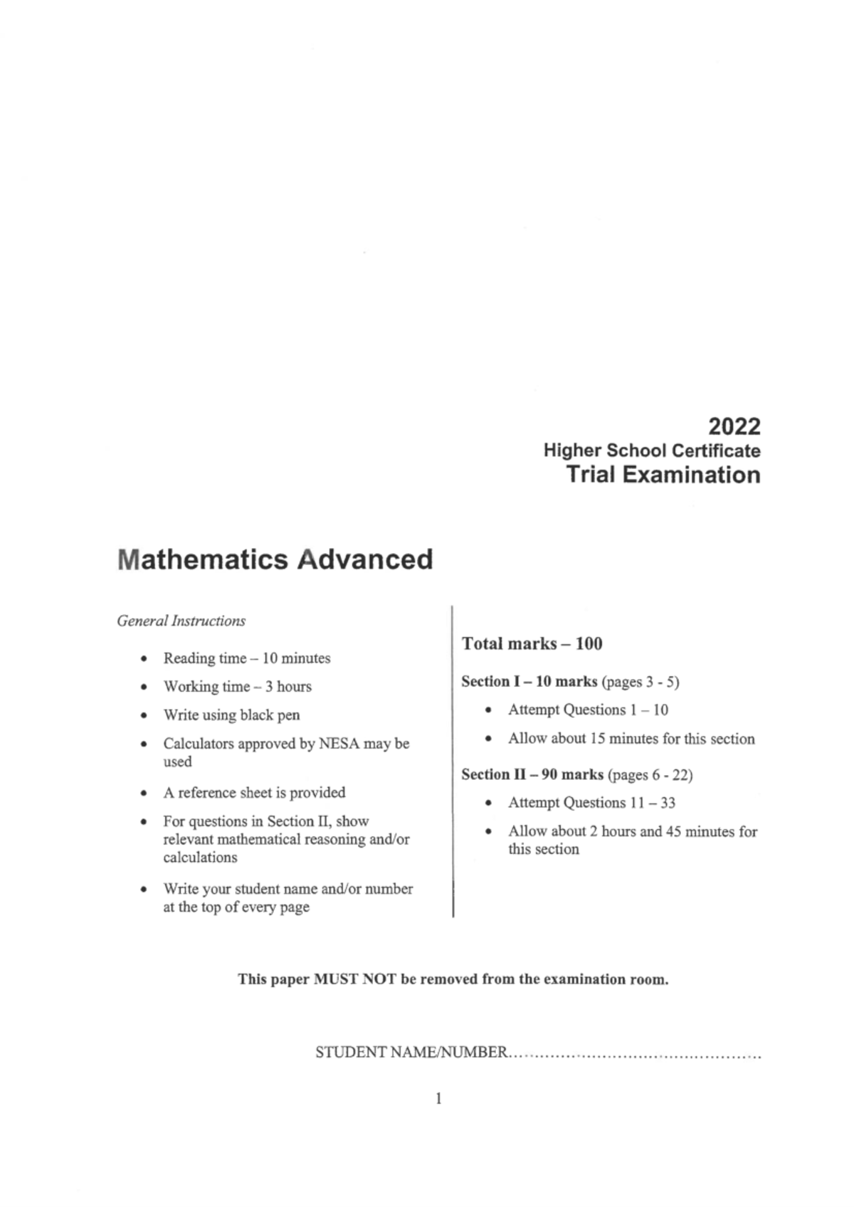 2022 HSC Trial Exam Mathematics Advanced - General Instructions ...