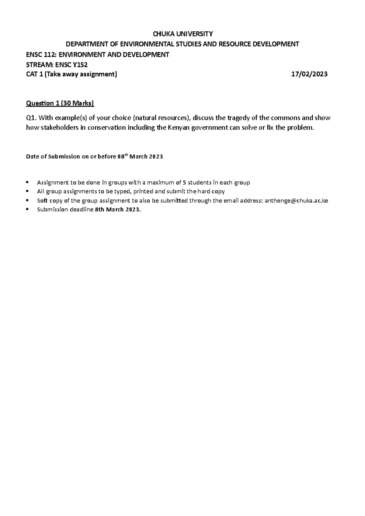ENSC 112 Environment and Development Takeaway Assignment CAT 1 - Studocu