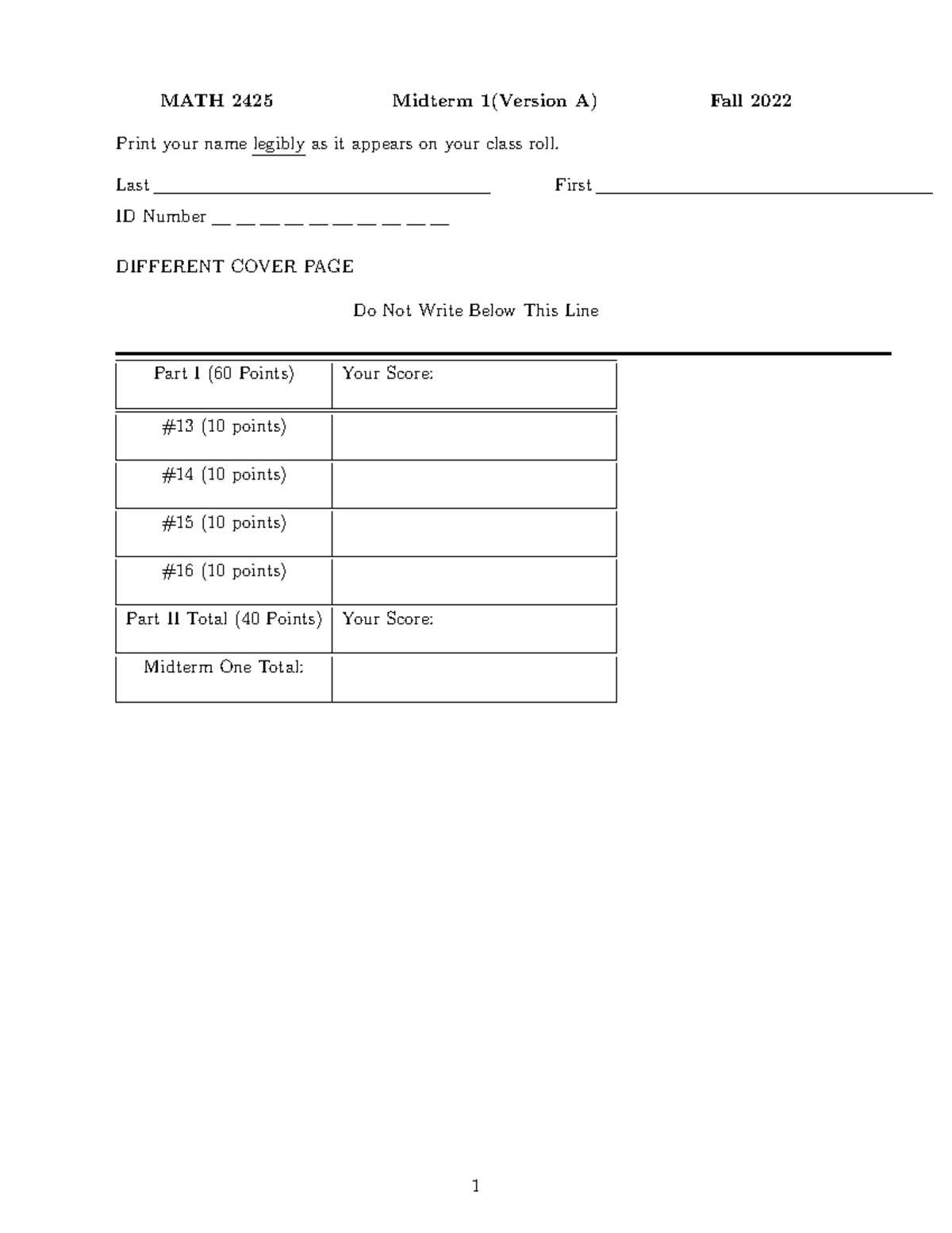 MATH 2425 Fall 2022 Midterm 1 Exam Paper (Version A) - Studocu