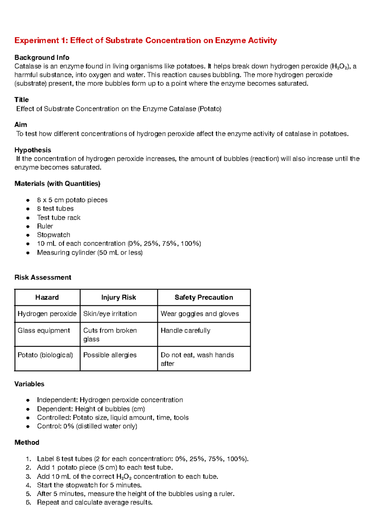 Experiment 1: Effect of Substrate Concentration on Enzyme Activity ...