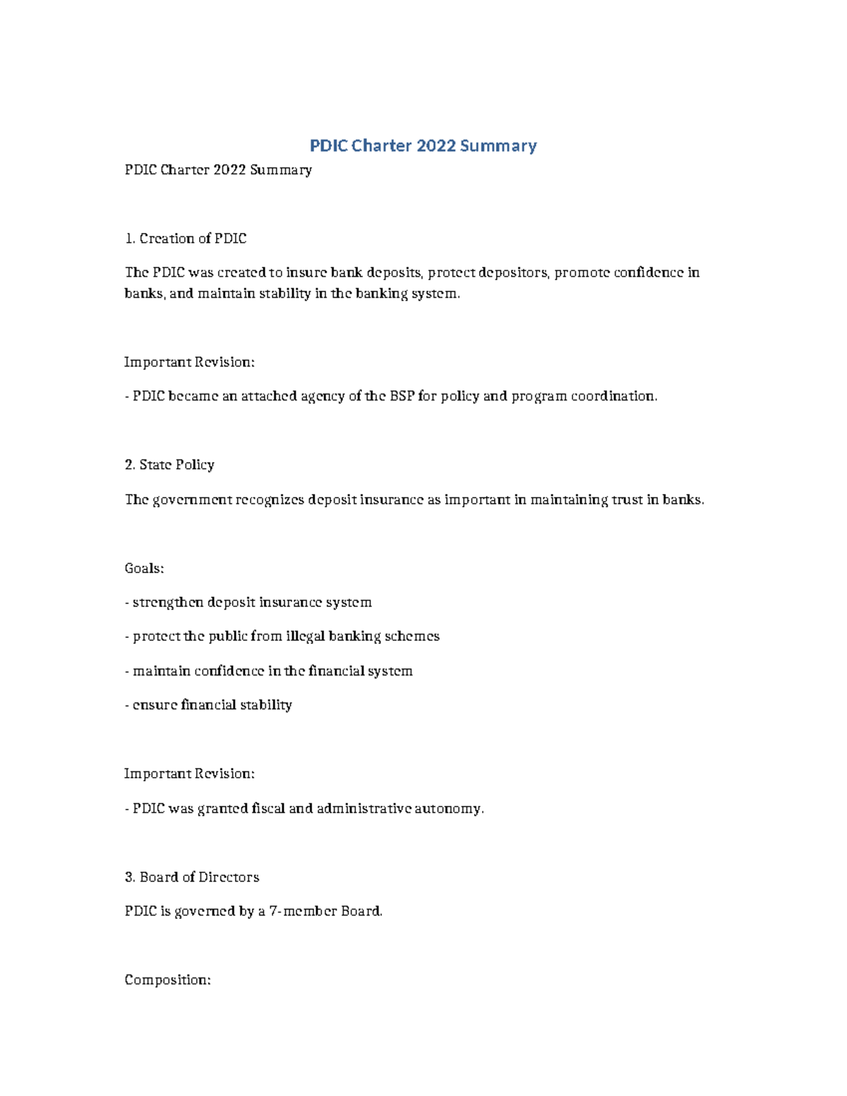 PDIC Charter 2022: Key Amendments and Summary Insights - Studocu