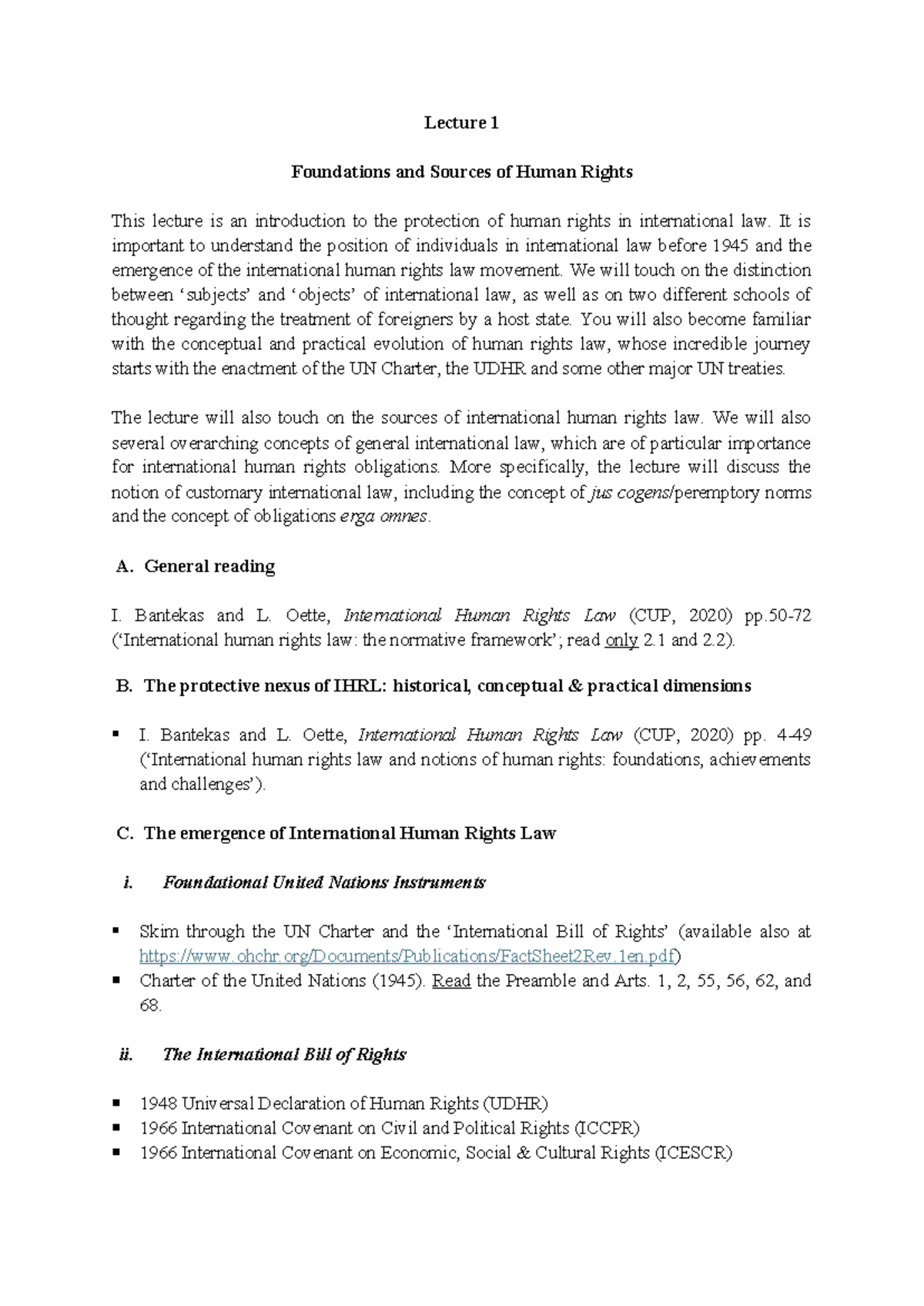 Lecture 1 Handout - Lecture 1 Foundations and Sources of Human Rights ...