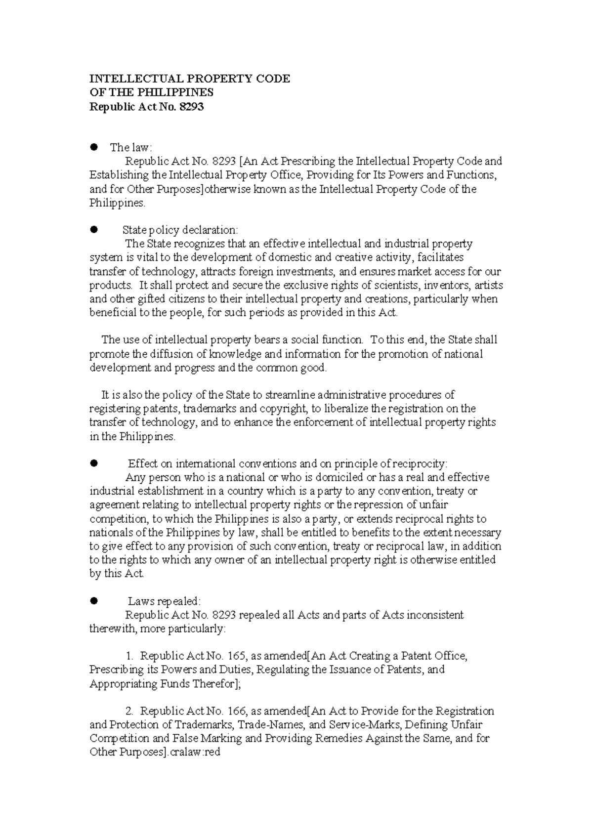 RA 8293: Comprehensive Overview of the Intellectual Property Code - Studocu