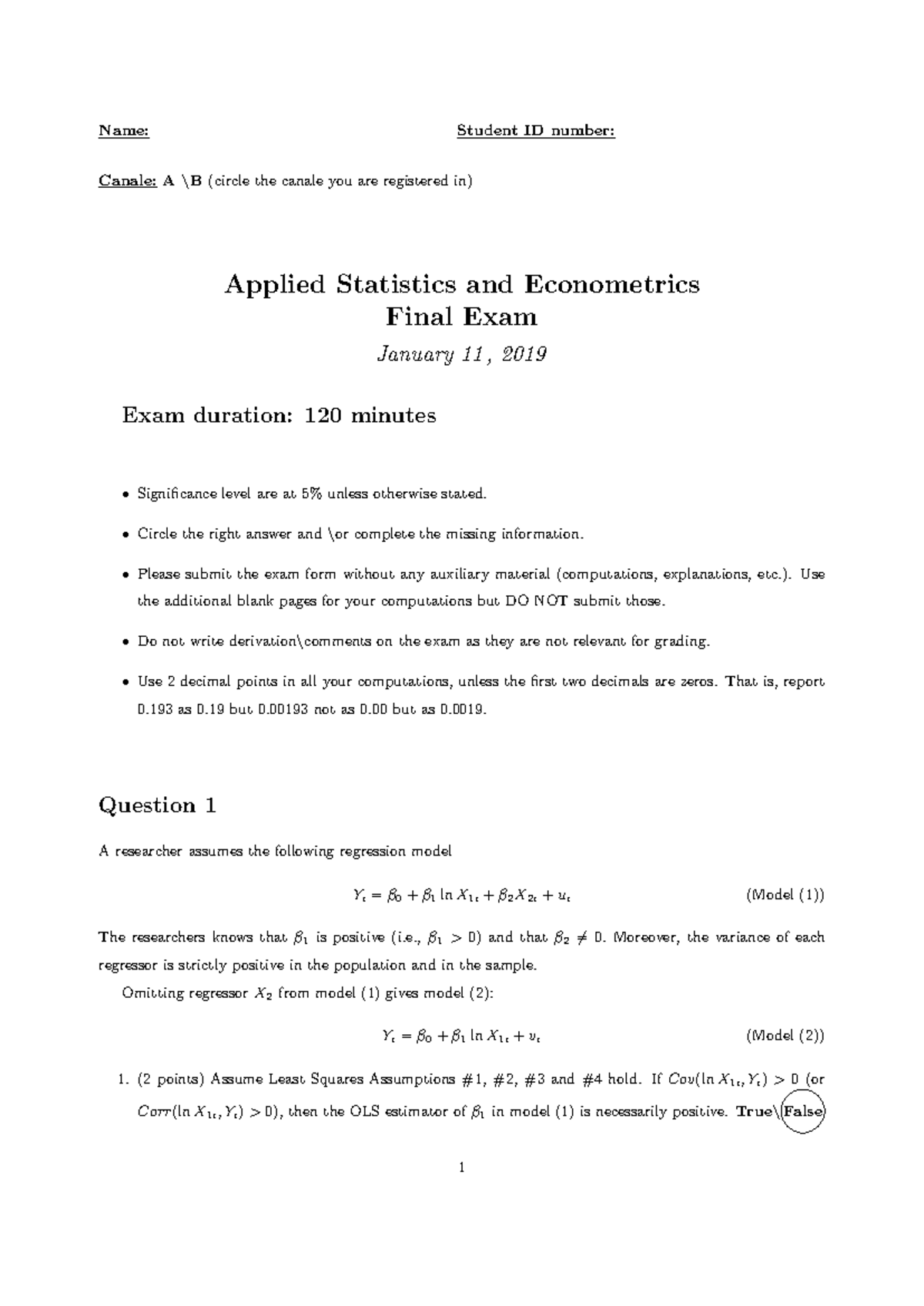 Applied Statistics and Econometrics - Final Exam Guide (01/11/2019 ...