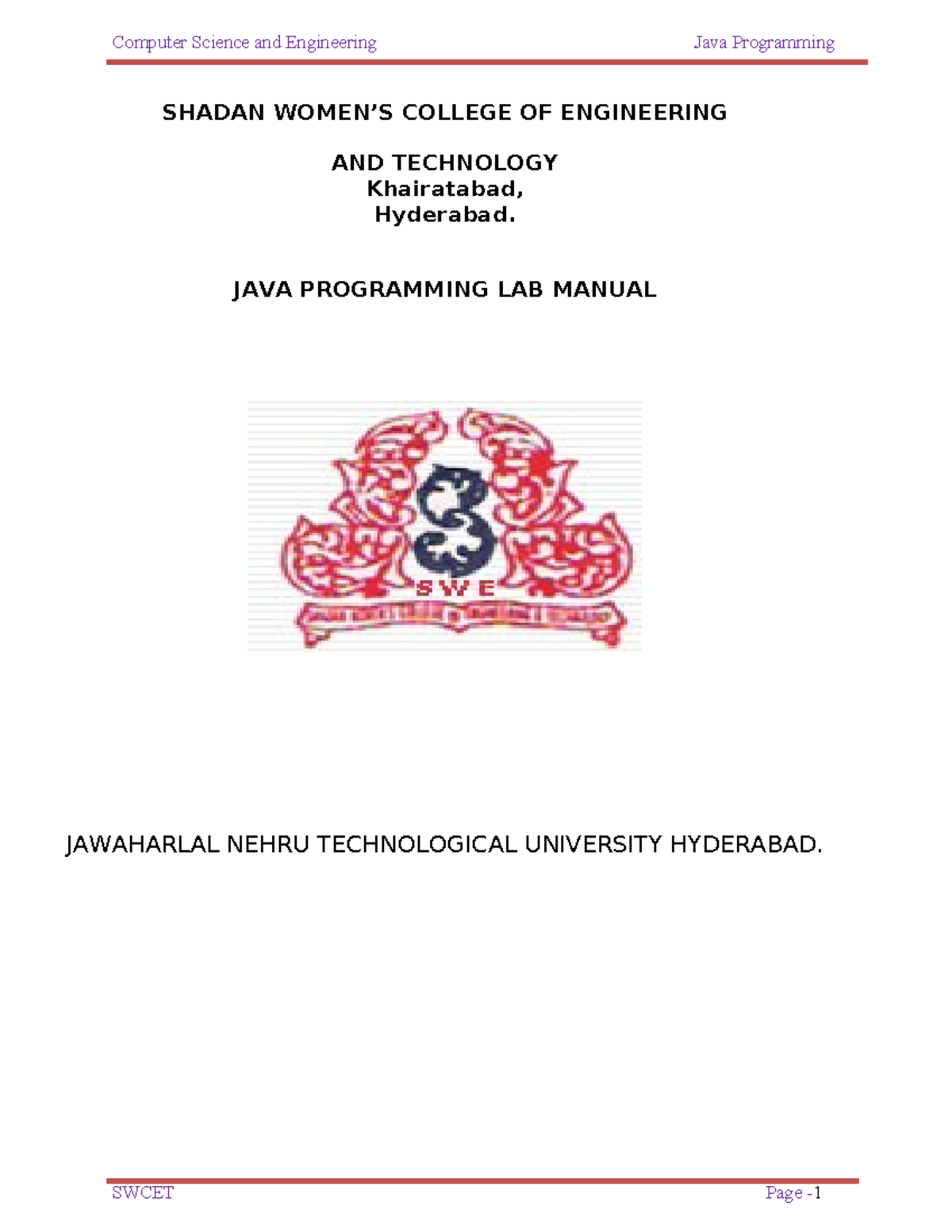 JAVA Programming Lab Manual - SHADAN COLLEGE OF ENGINEERING - Studocu