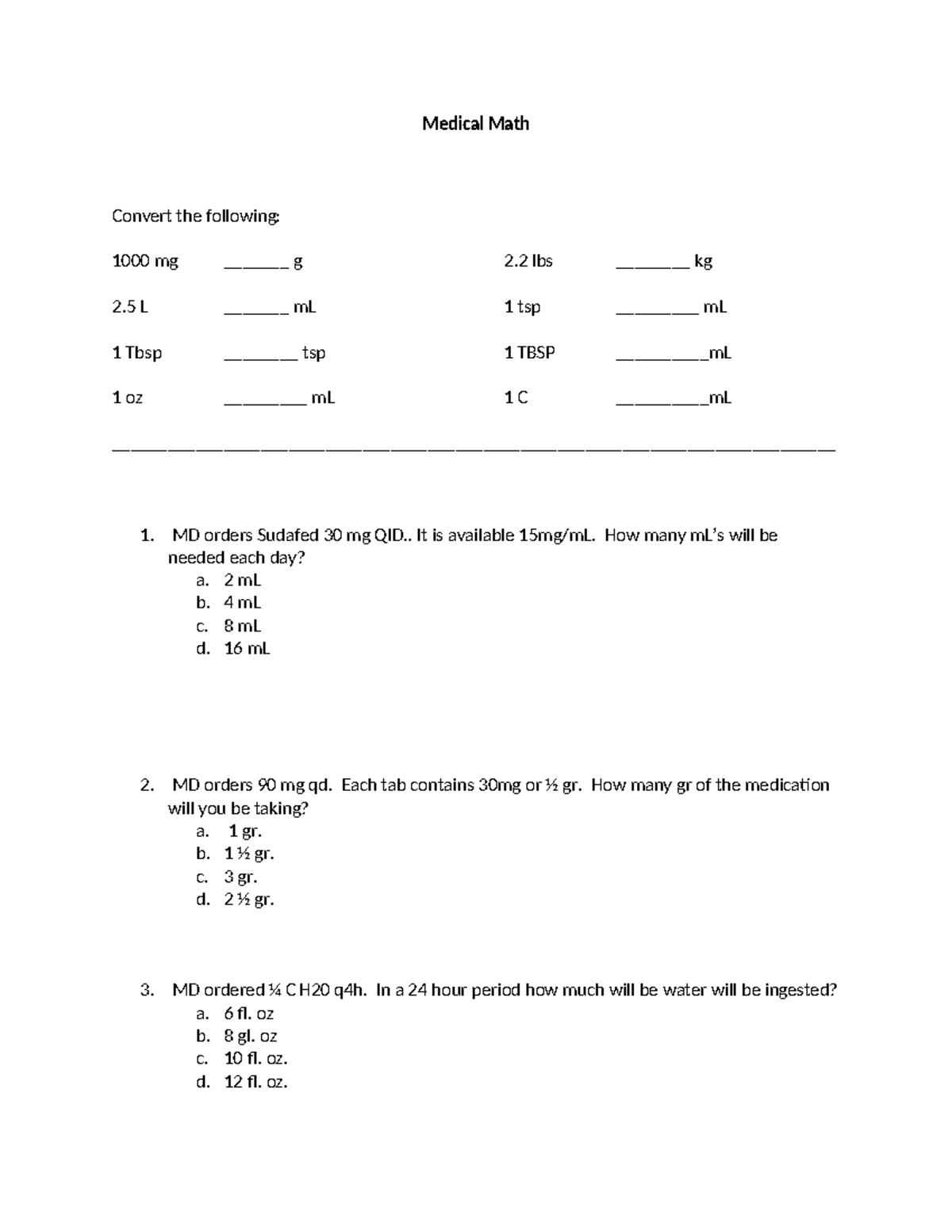 Medical Math Problems - Dosage Calculations & Conversions - Studocu