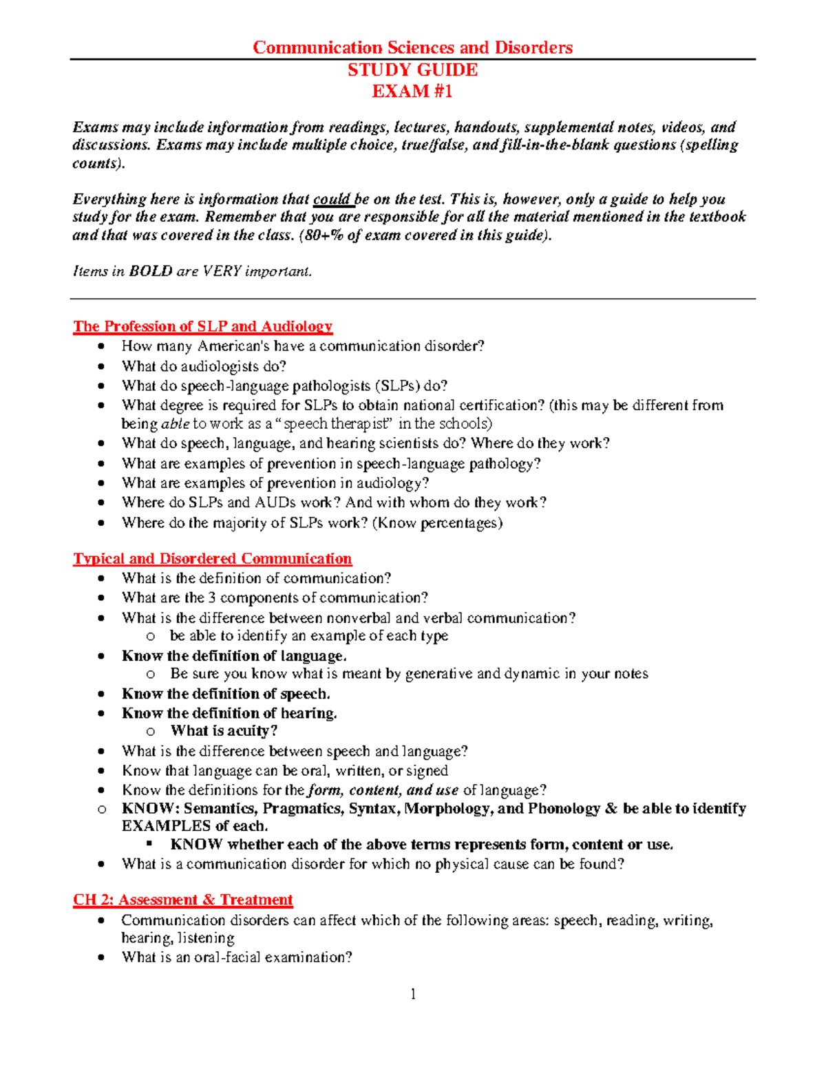 CSD 101: Exam 1 Study Guide for Communication Sciences & Disorders ...