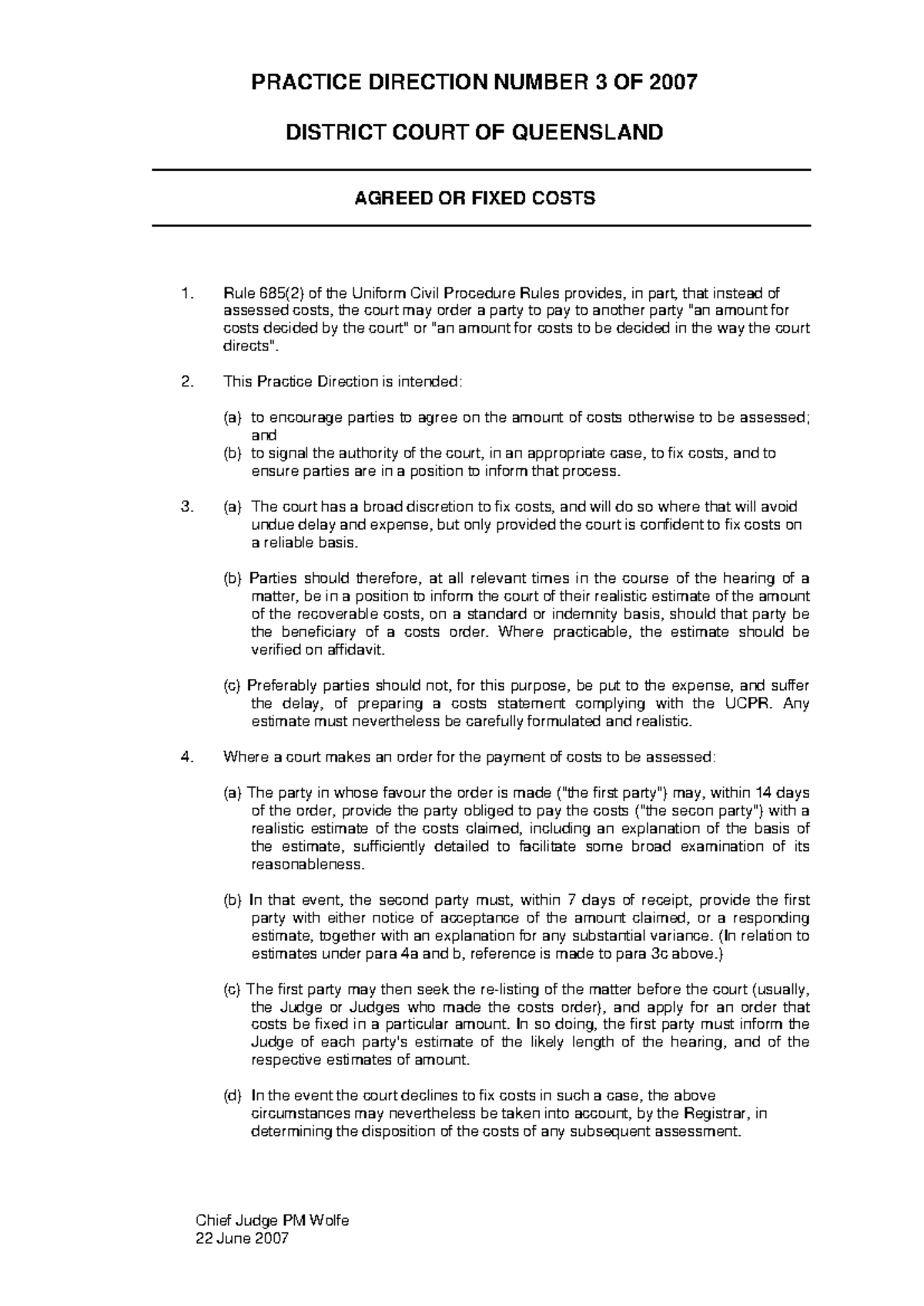 Practice Direction No. 3 of 2007: Agreed or Fixed Costs Guidelines ...