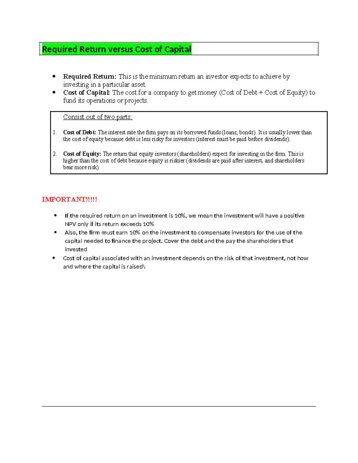 Chapter 14 - Summary of Required Return vs Cost of Capital 3A - Studocu