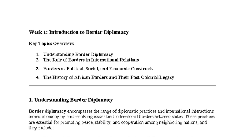 Week 1 - Class Notes - Week 1: Introduction to Border Diplomacy Key ...