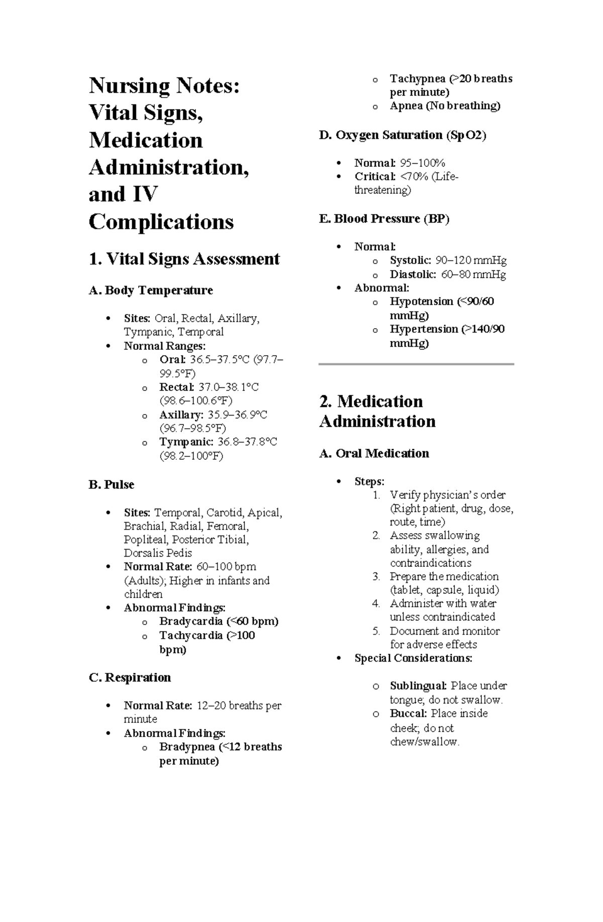 Nursing Notes: Vital Signs & Med Admin (NUR 101) - Studocu