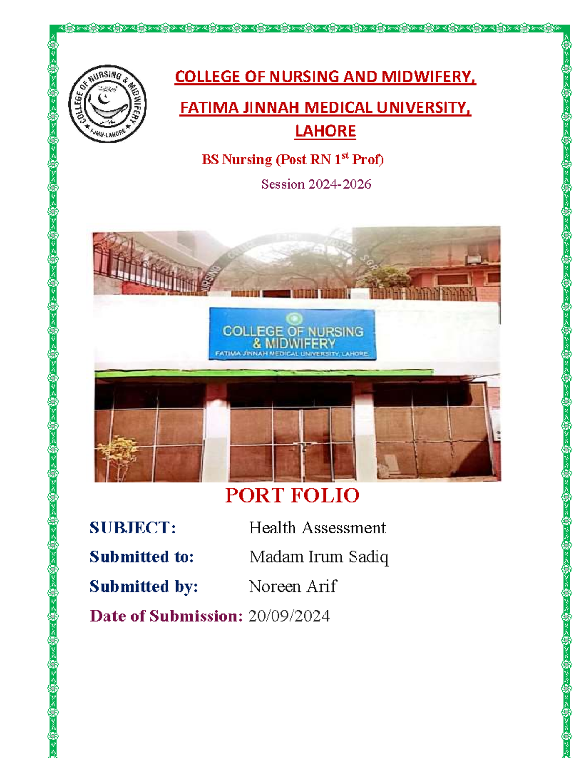 PORTFOLIO OF HEALTH ASSESSMENT FOR BS NURSING (Post RN 1st Prof) - Document Preview