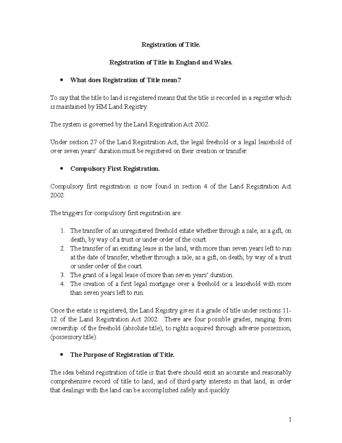 Lecture outline - Registration of Title - Registration of Title ...