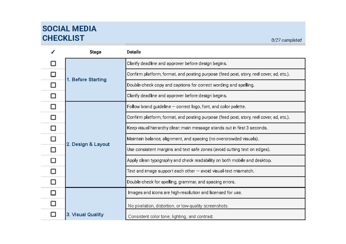 SOCIAL MEDIA CHECKLIST: Design & Quality Guidelines - Studocu