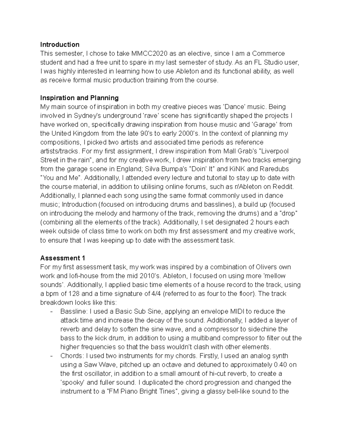MMCC2020 Creative Process Diary: Music Production Insights - Studocu
