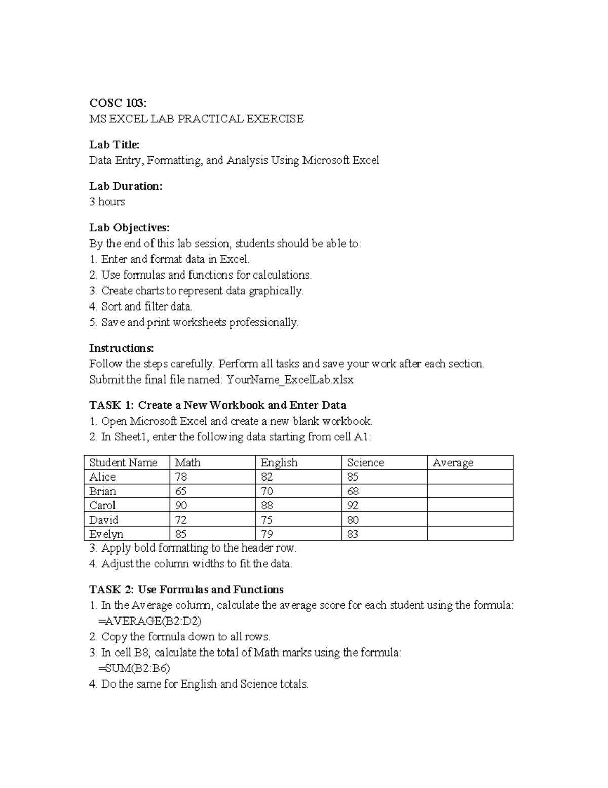 COSC 103: MS Excel Lab Practical - Data Entry & Analysis - Studocu
