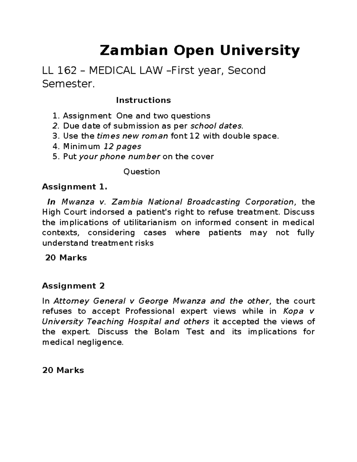 LL 162 - Medical Law Assignments: Informed Consent & Bolam Test ...