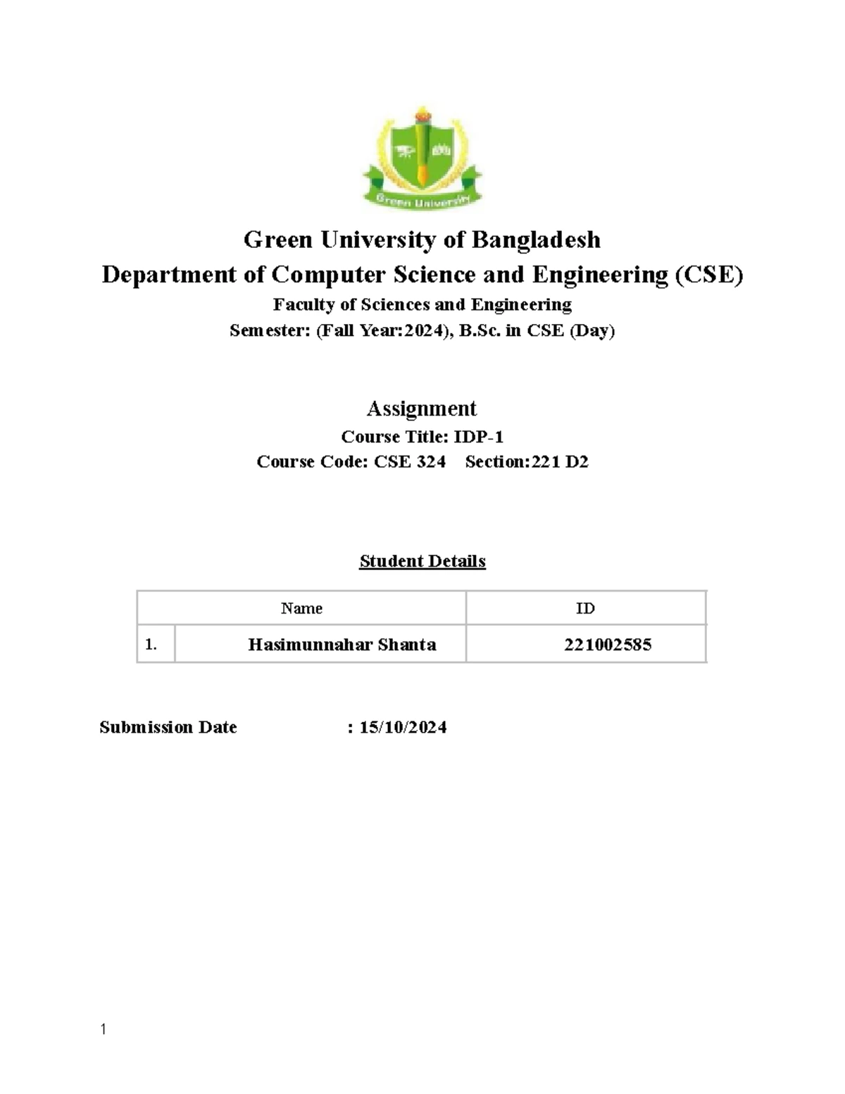 IDP II lab report 1 - Green University of Bangladesh Department of ...
